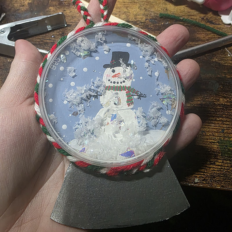 Snow Globe Christmas Ornament made from a Pringles Lid