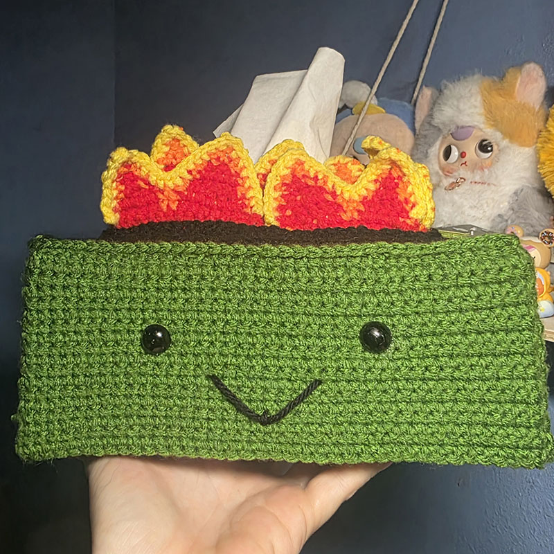 Dumpster Fire Kleenex Box Cozy – Pattern by Crazycatnbooklady