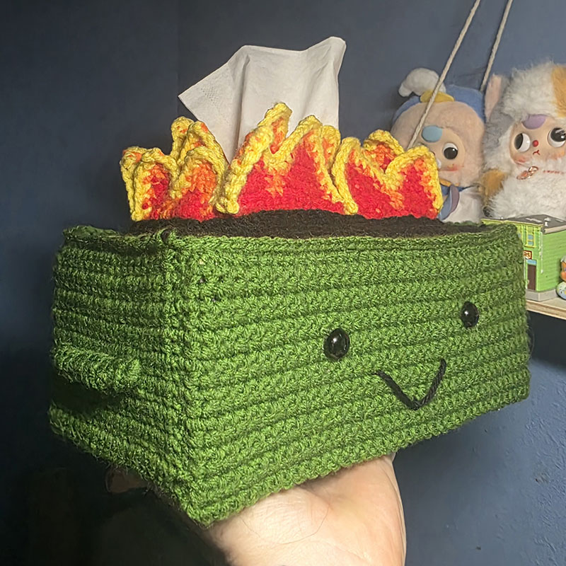 Dumpster Fire Kleenex Box Cozy – Pattern by Crazycatnbooklady