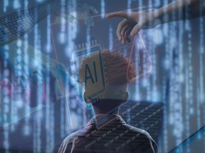 a young child stands in front of the digital world with a human and robot hands changing and almost touching