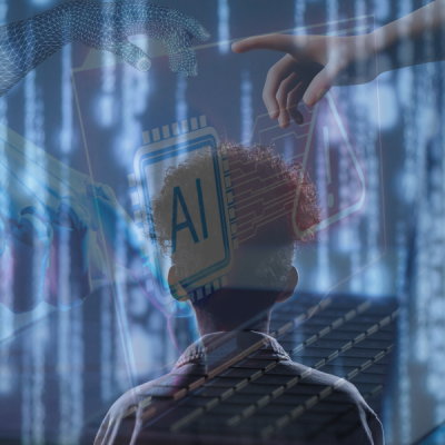 a young child stands in front of the digital world with a human and robot hands changing and almost touching